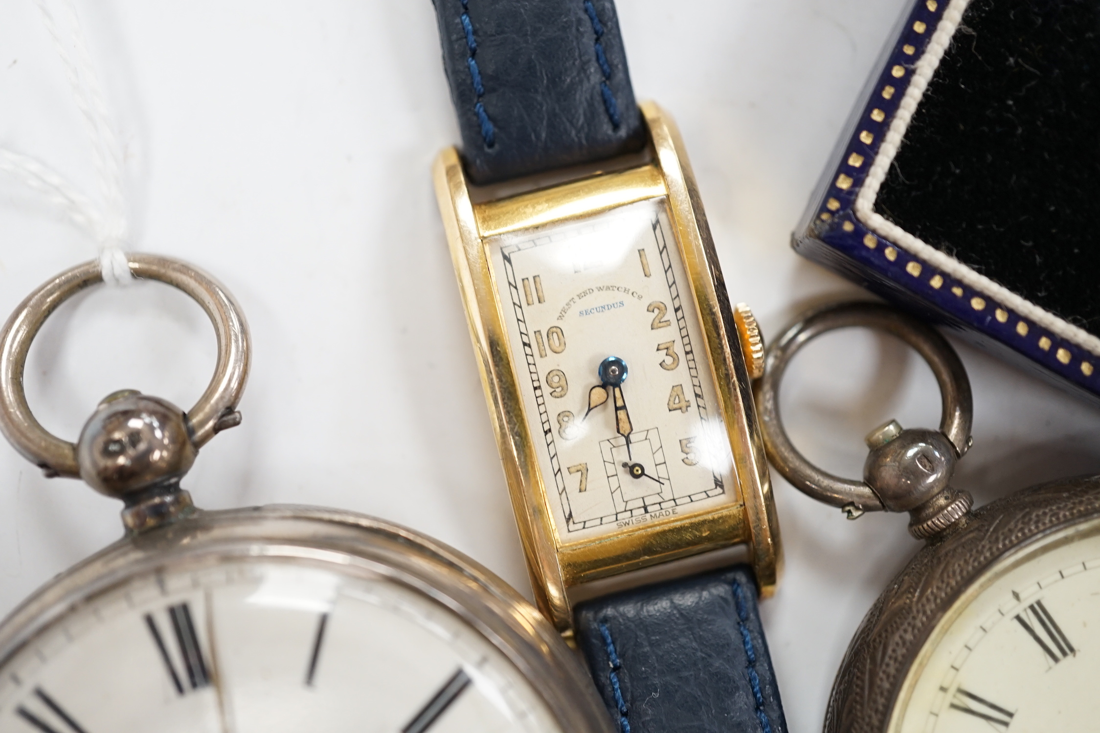 A late Victorian silver open face pocket watch, by J.W. Benson, a Swiss white metal fob watch, a lady's Gucci watch with interchangeable bezels, a pair of engine tuned silver cufflinks, and other sundry watches and jewel